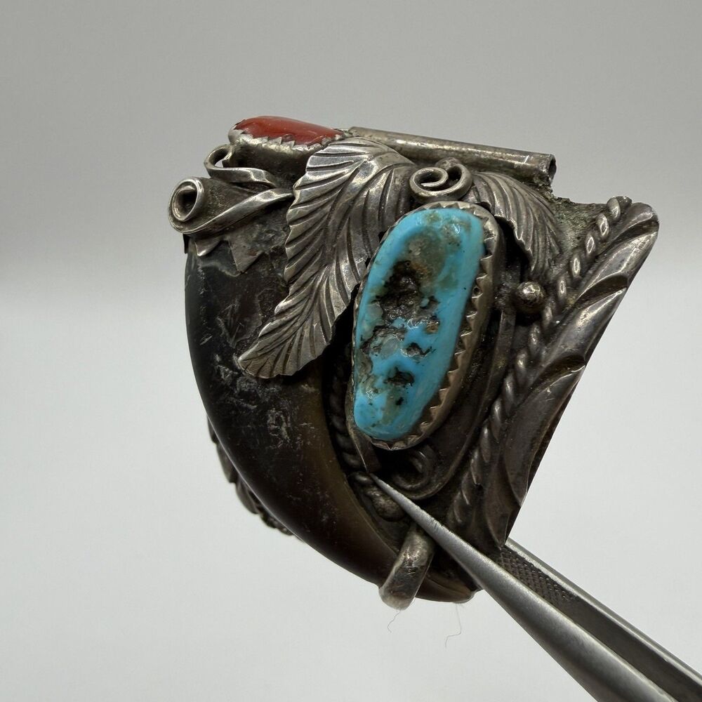 BEG 925 Sterling Silver Turquoise Coral Leaf Pendant Southwestern 1.5" 15.6g